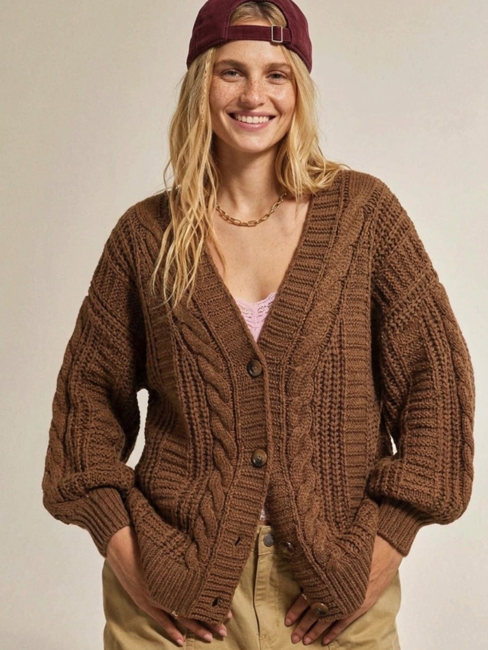 Oversized Brown Cable Knit Cardigan Long Sleeves Hip Length Buttoned